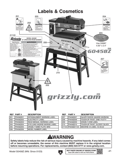 Parts for G0458Z 18