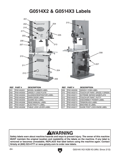 Parts for G0514X2 19