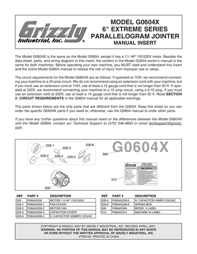 Parts for G0604X 6