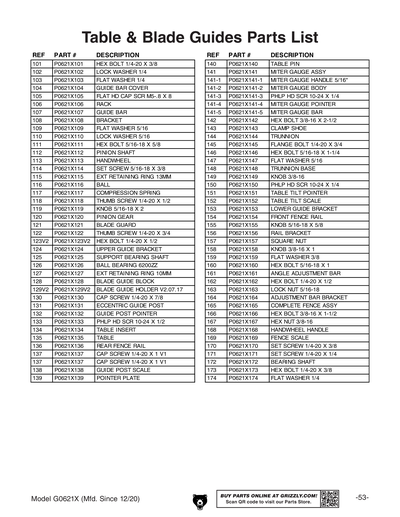 Part Diagram for G0621X