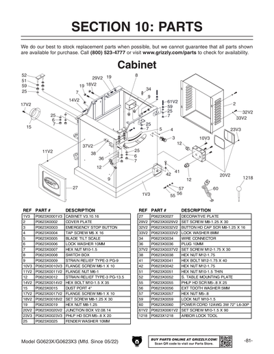 Part Diagram for G0623X3