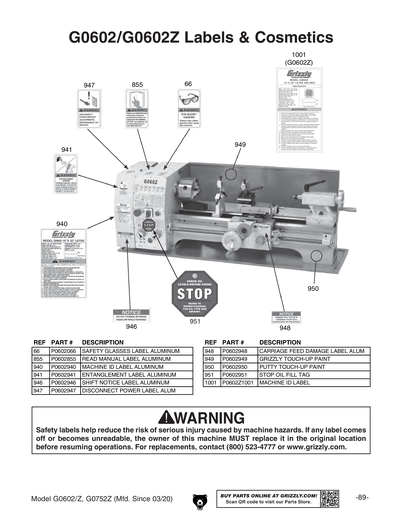 Parts for G0752Z 10