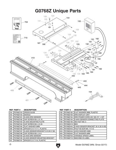 Parts for G0768Z 8