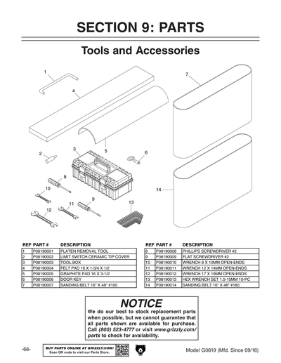 Parts for G0819 15
