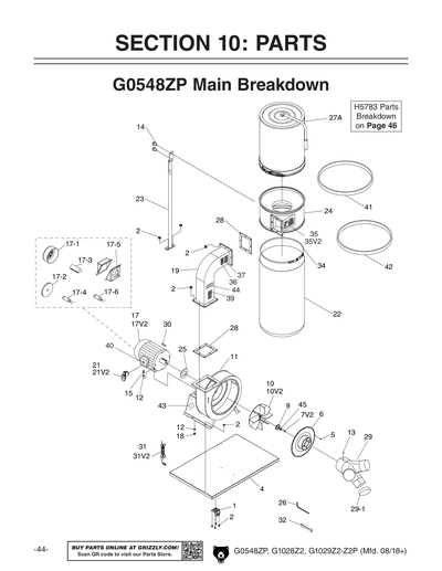 Parts for G1028Z2 1-1/2 HP Portable Dust Collector - Grizzly