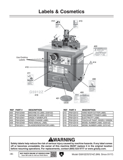 Parts for G5912Z 5 HP Professional Spindle Shaper - Z Series
