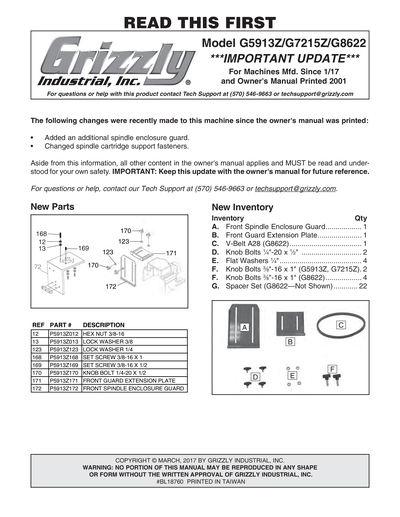 Parts for G5913Z 5 HP Professional Tilting Spindle Shaper - Z