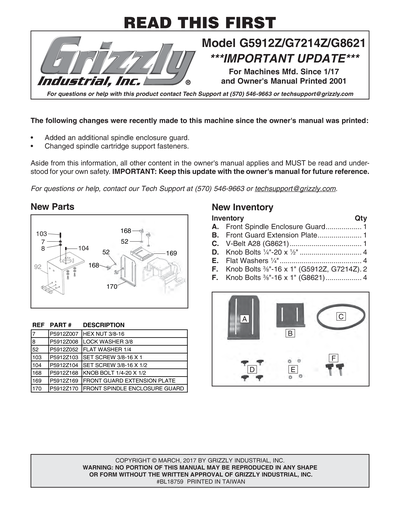 Parts for G7214Z 7-1/2 HP 3-Phase Spindle Shaper - Grizzly