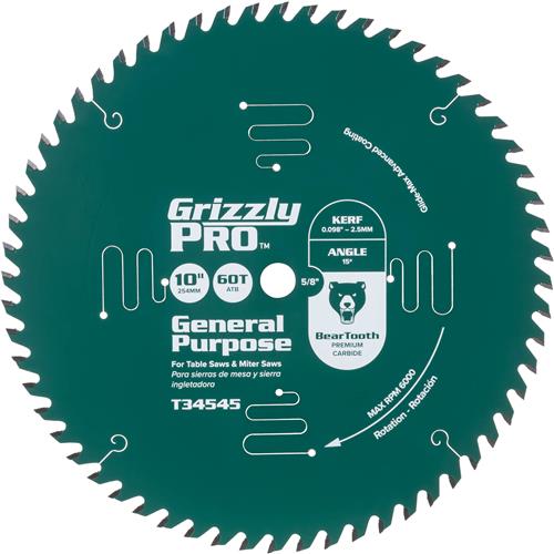 Image for Grizzly PRO T34545 - 10" x 5/8" 60T ATB Combination Saw Blade